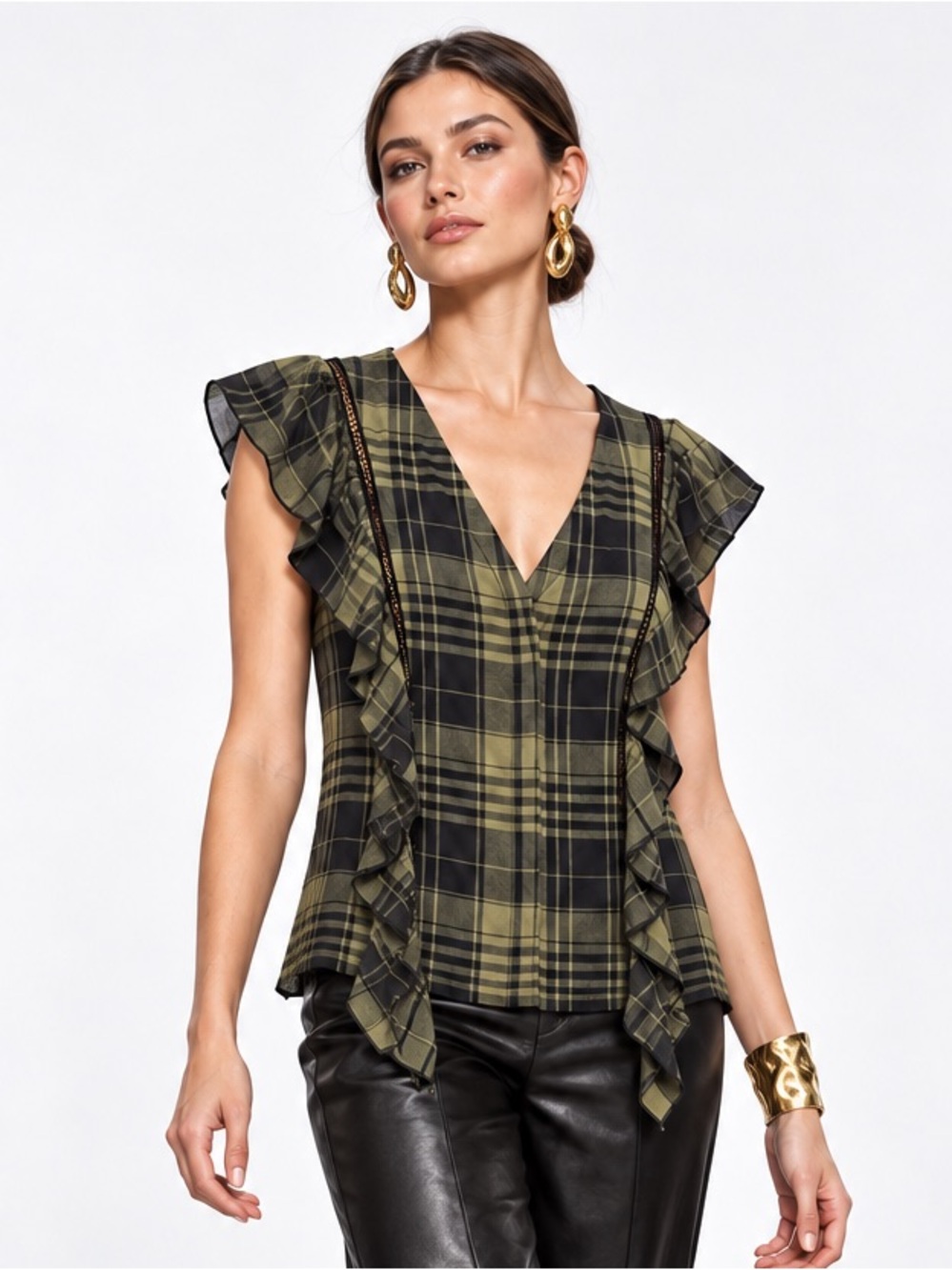 Alice + Olivia Janet Olive Green Plaid Ruffle Blouse XS
